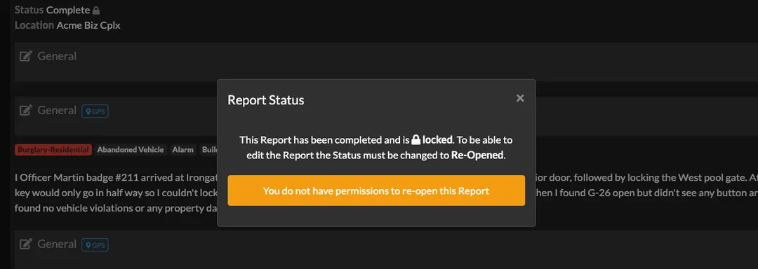Report modal showing that you are unable to re open a report due to lacking permissions.