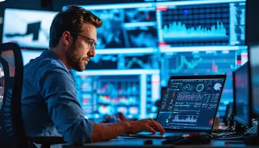 A man with glasses monitoring operations on his laptop in a room full of computers