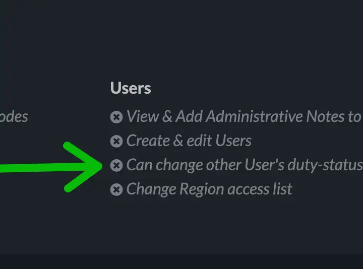 Can Change other User's duty-status permission highlighted. User currently doesn't have that permission.