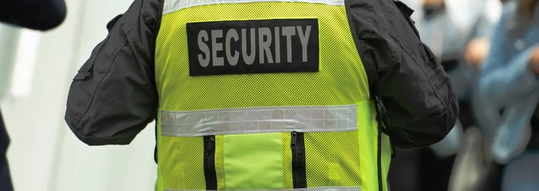 Security officer in a marked vest and duty belt patrolling a street