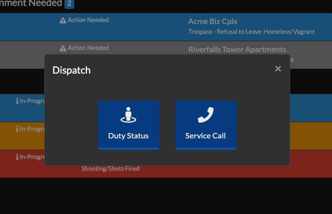 Dispatch type selection modal: Duty Status or Service Call