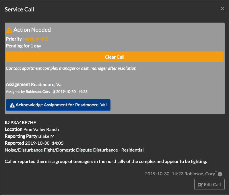 Dispatch call with Acknowledge Assignment button