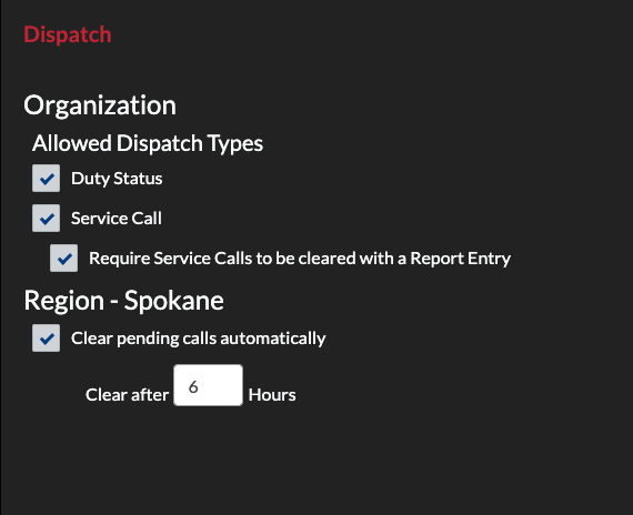 Dispatch Settings: Allowed Types and Clear Pending Calls Automatically settings per region.