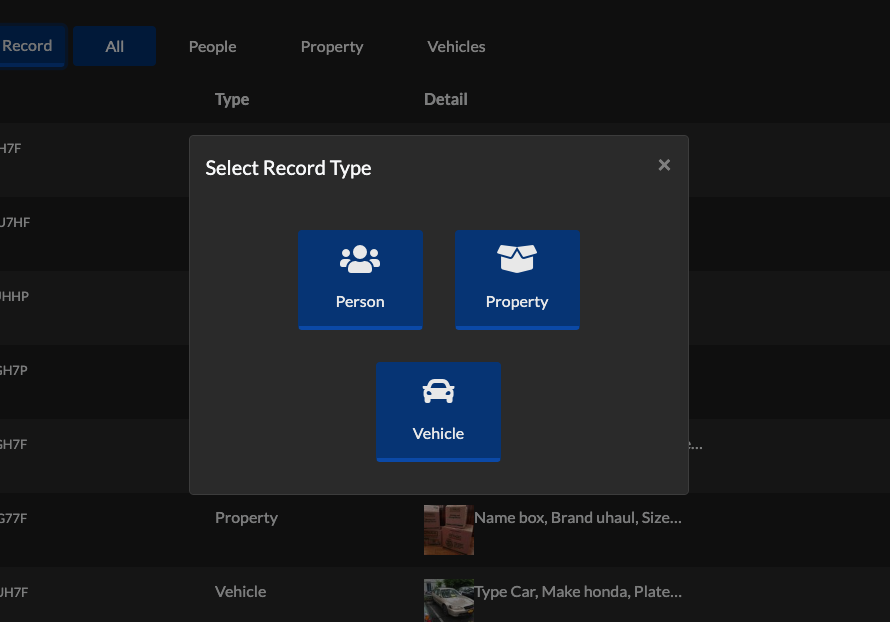 Select Record Type Modal: Person, Property or Vehicle.
