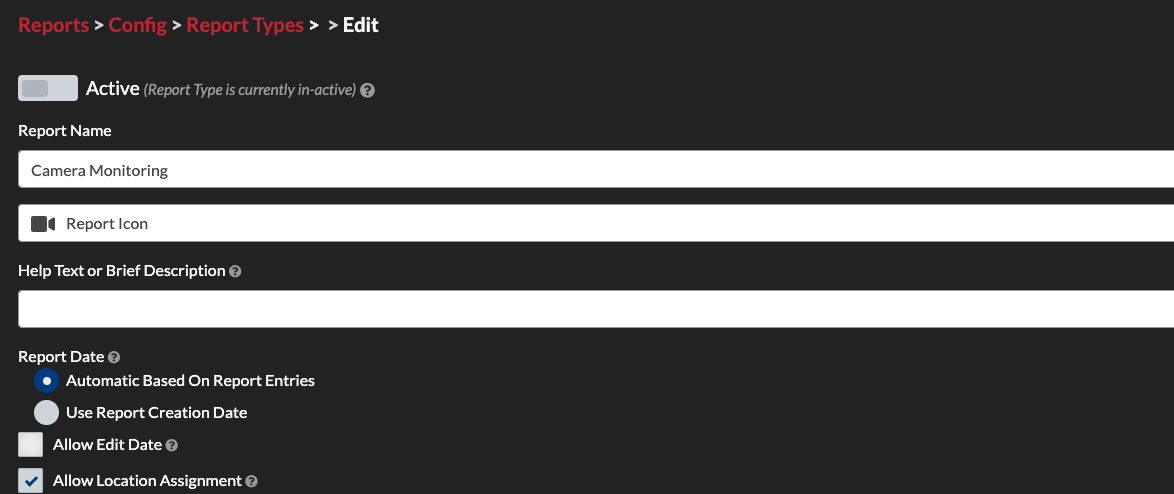 THERMS Report Types configuration screen