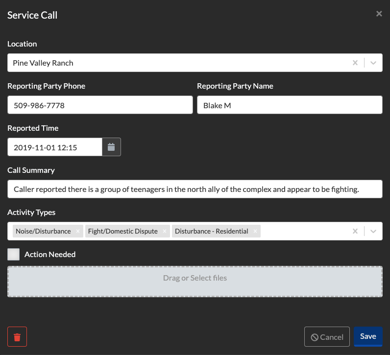 Dispatch service call form