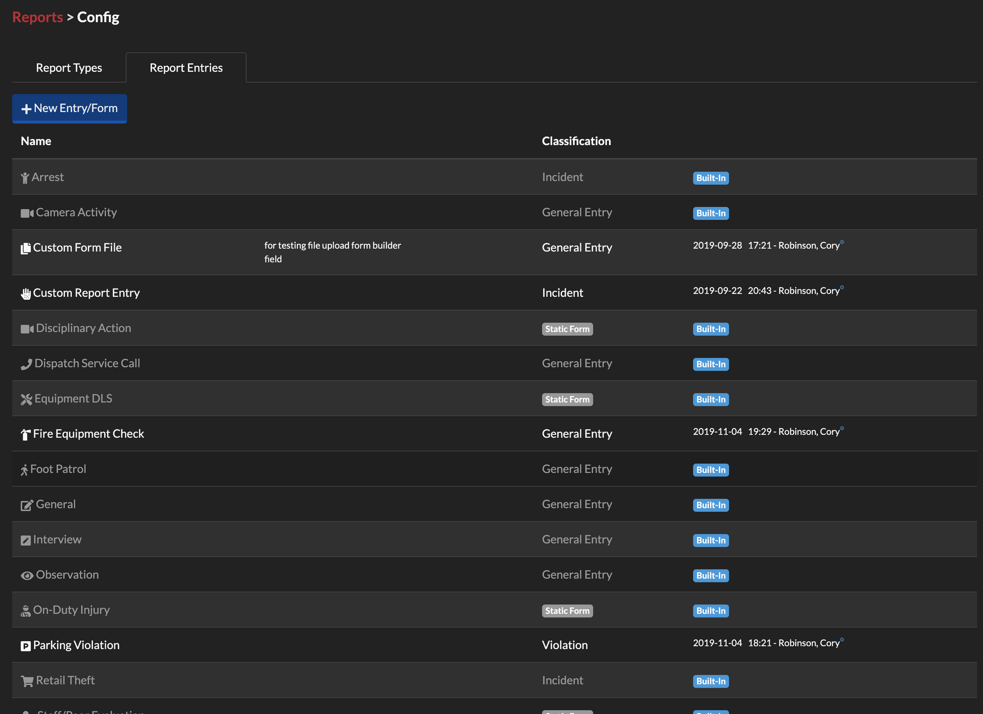 Report Entries List