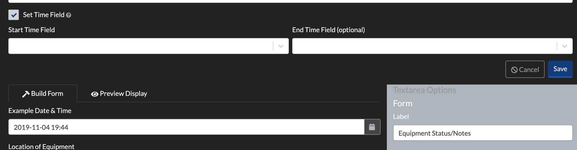 Report Entries Form Builder, Set Time field is checked