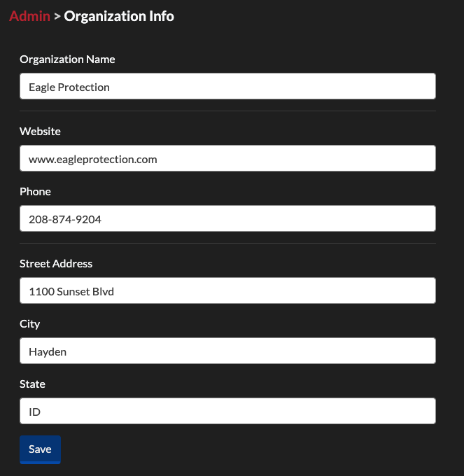 Organization Info View: Name, website, phone, address, city, state.