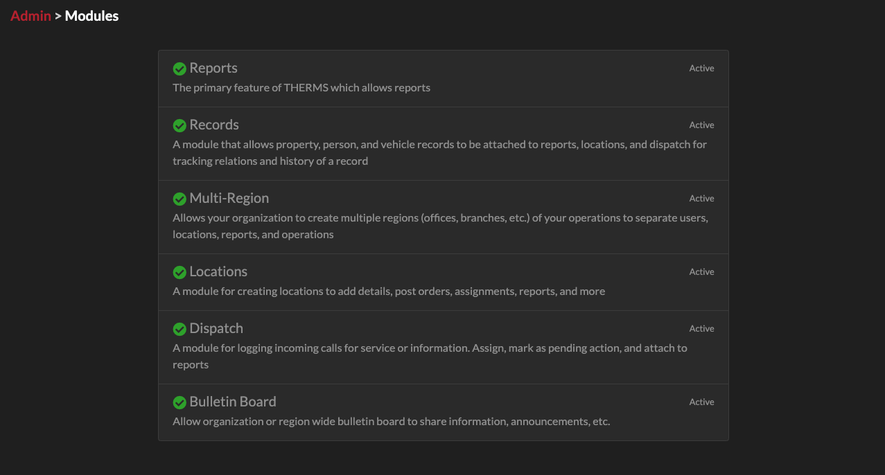 Modules Manager Screen, all modules are active.