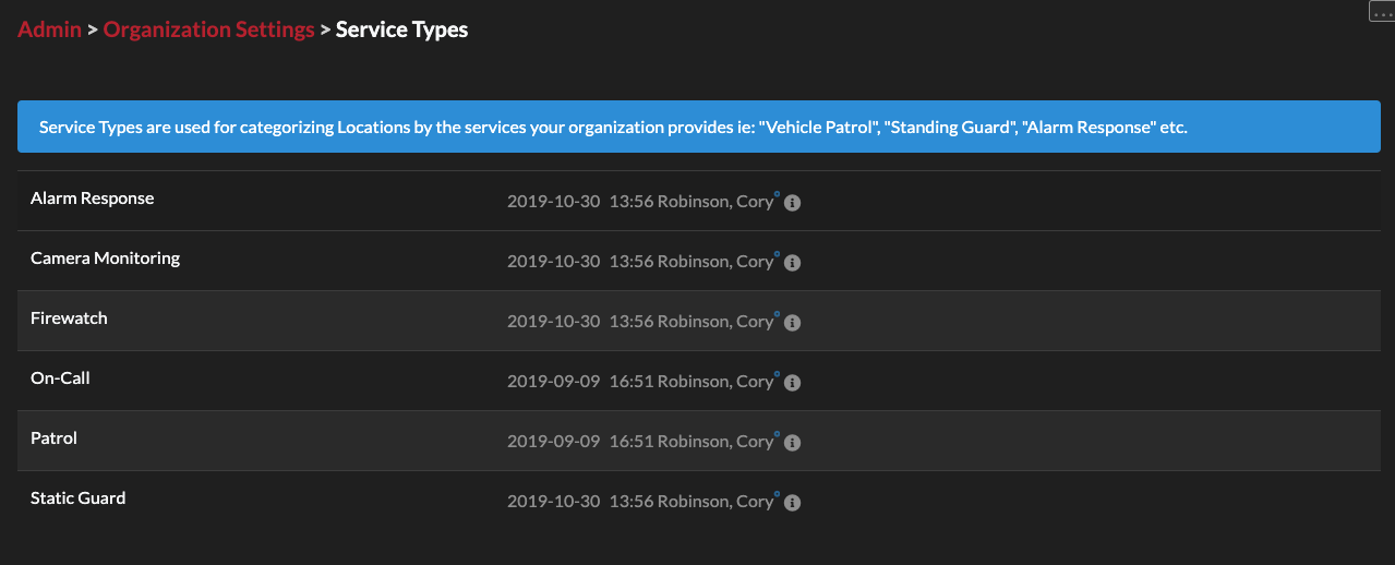 Organization Service Types View