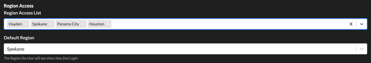 User regions access selector and User's default region