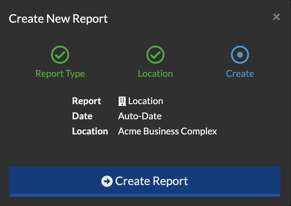 Create New Report Modal: Confirm details step.