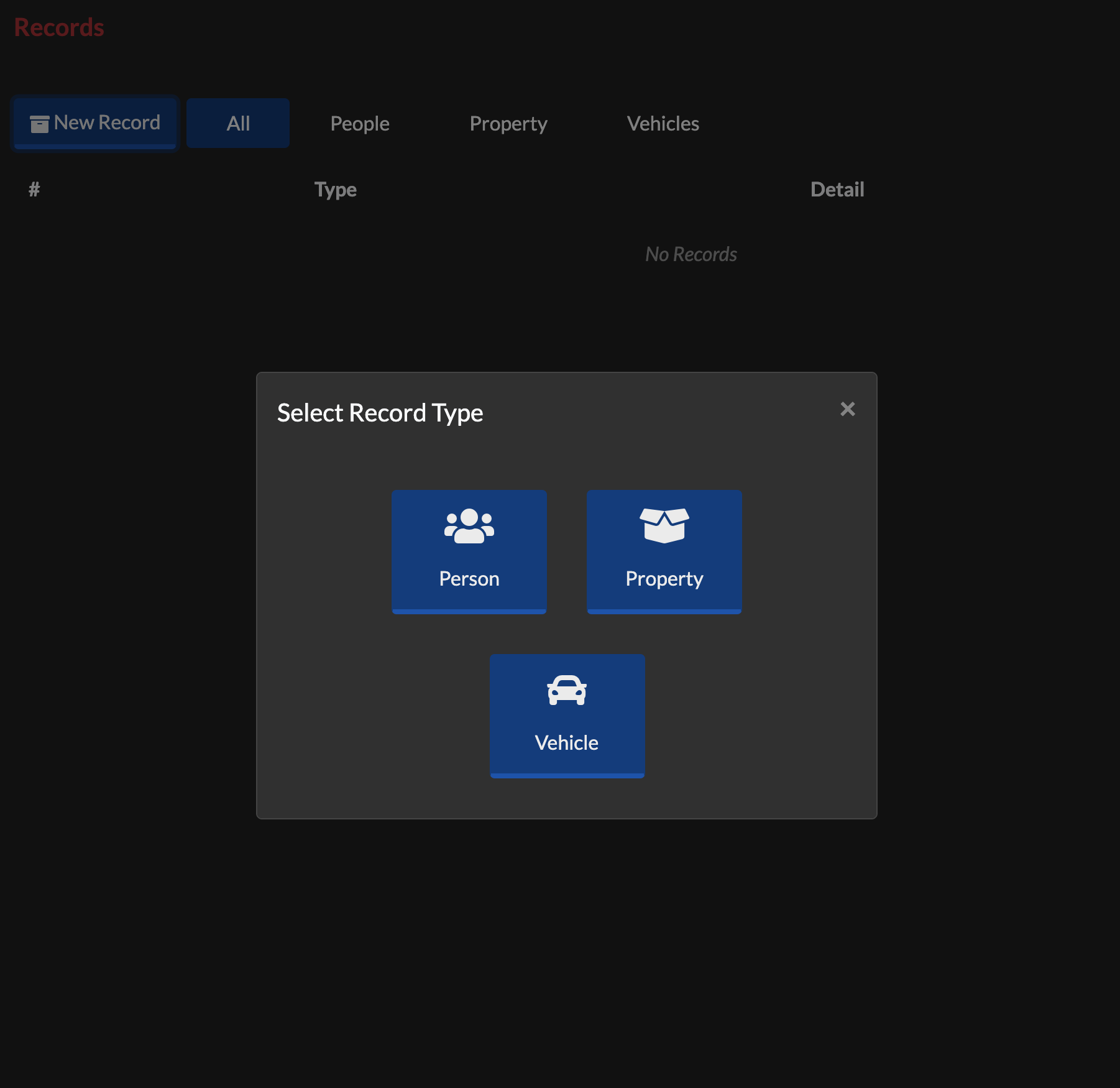 New Record Modal, Select Record Type