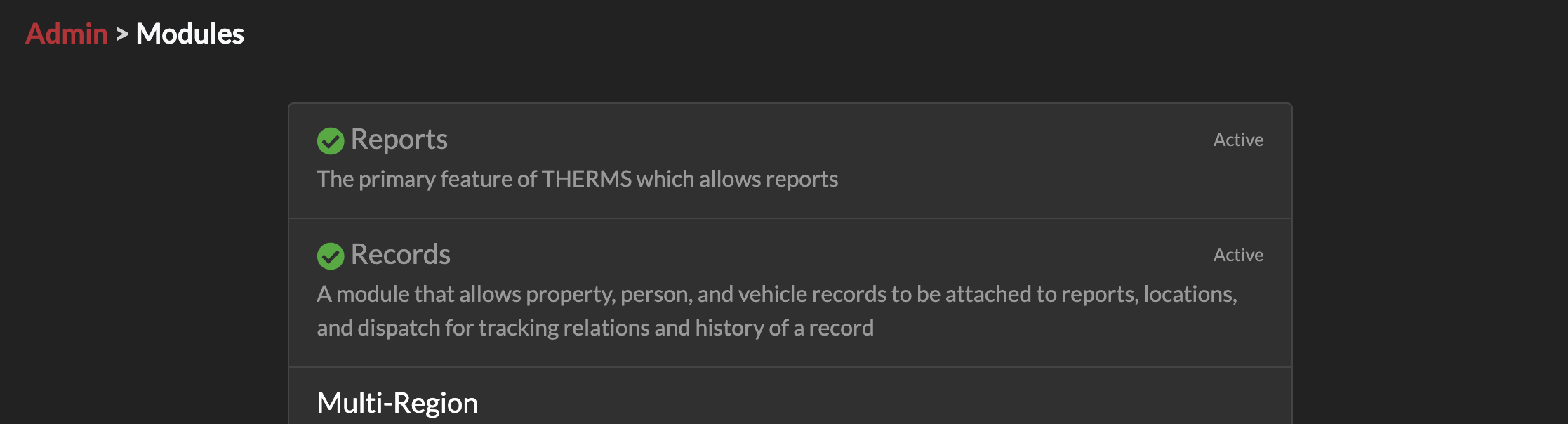 THERMS Admin Settings, Records Module is active