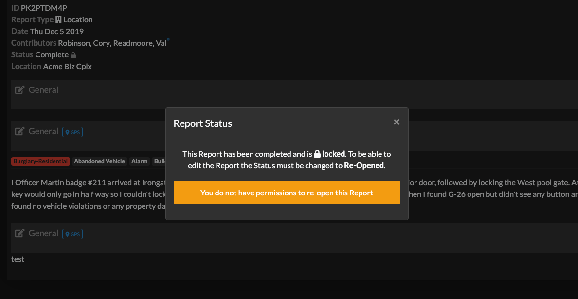 Report modal showing that you are unable to re open a report due to lacking permissions.