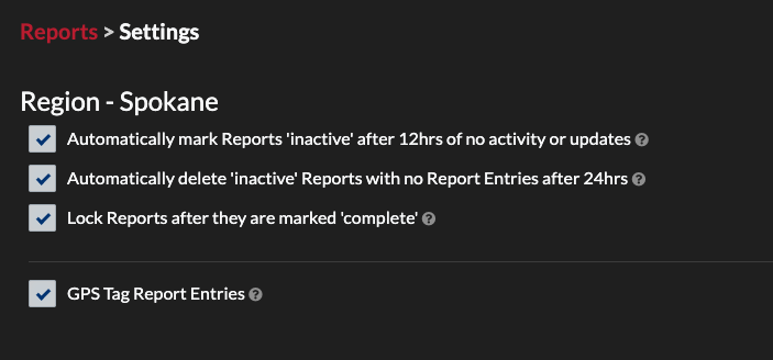 Region Options, GPS Tag Report Entries is checked