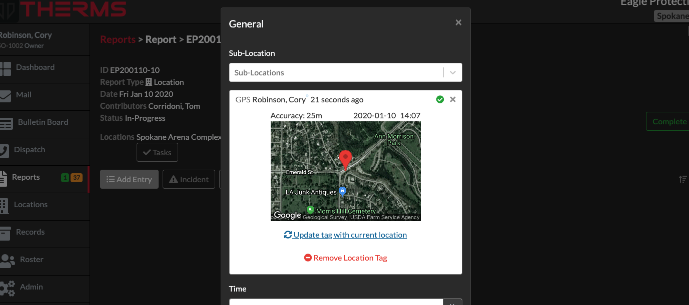 New Report entry form showing User's current location
