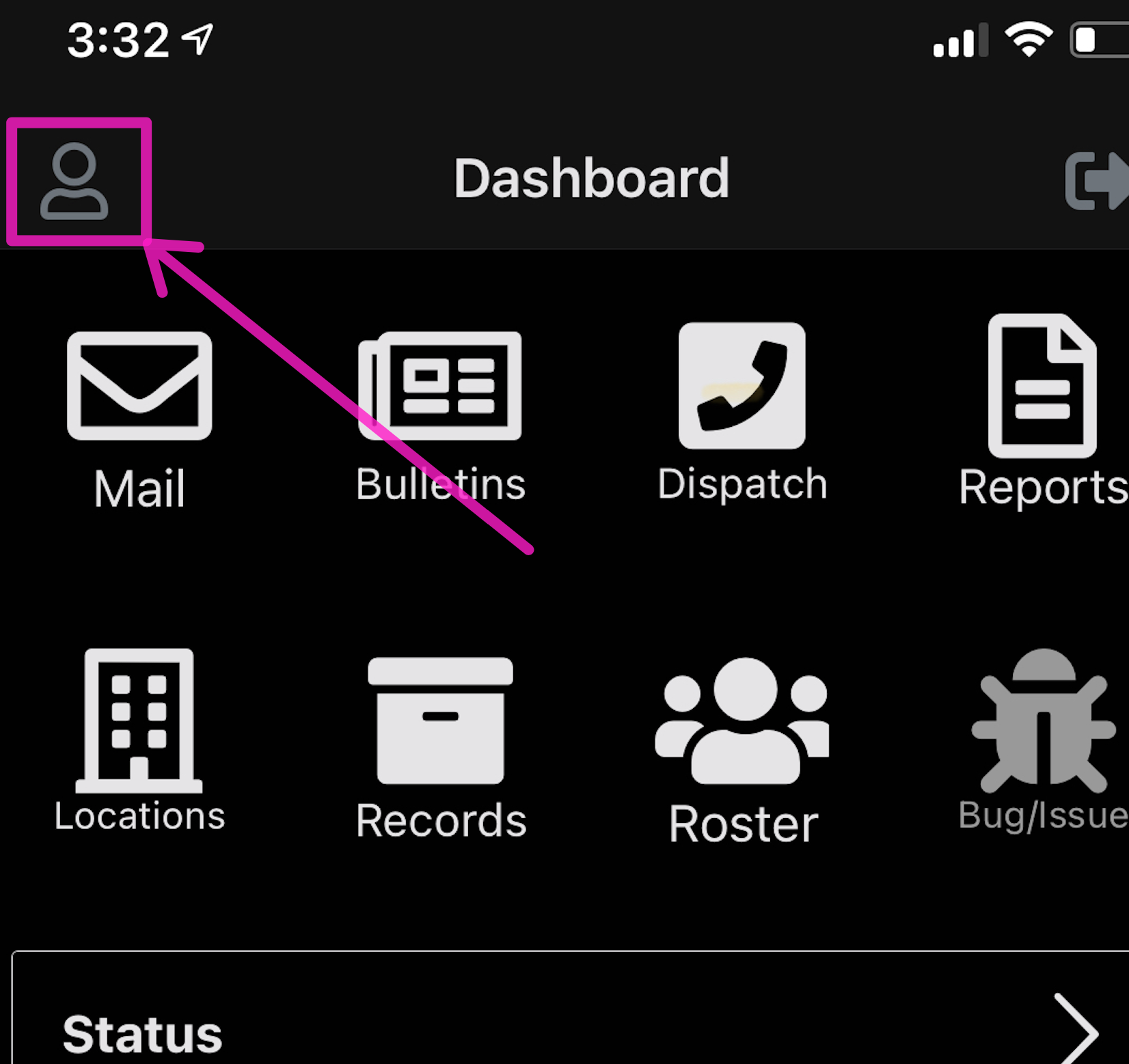 Mobile App's switch region icon highlighted by an arrow.