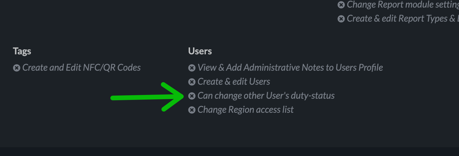 Can Change other User's duty-status permission highlighted. User currently doesn't have that permission.