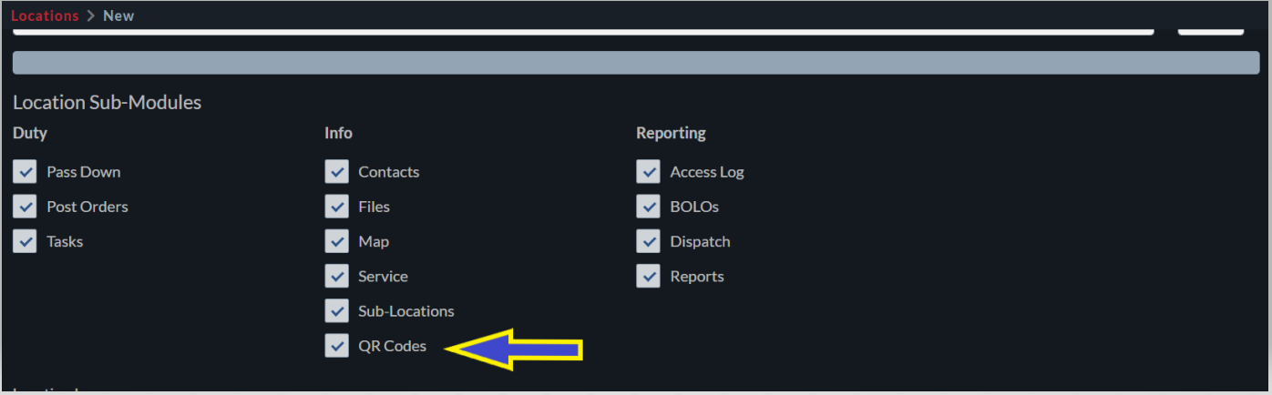 Location Sub-Modules configuration. QR Codes option highlighted