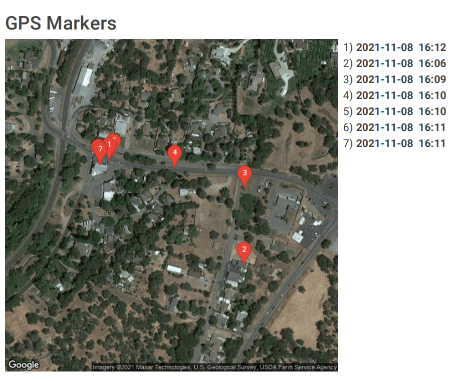 GPS Markers on map with a timestamp beside it.