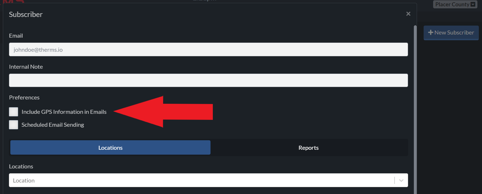 Subcriber settings, "Include GPS Information in Emails" option highlighted.