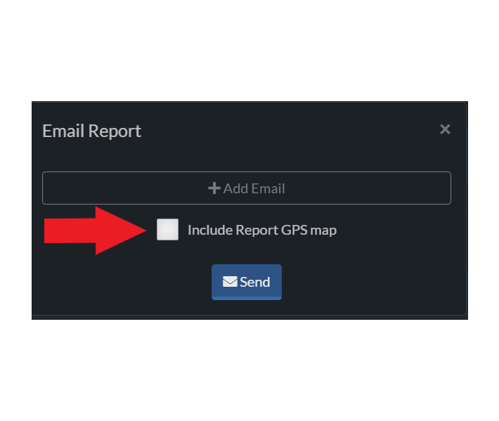 Email Report modal, "Include Reports GPS map" option highlighted.