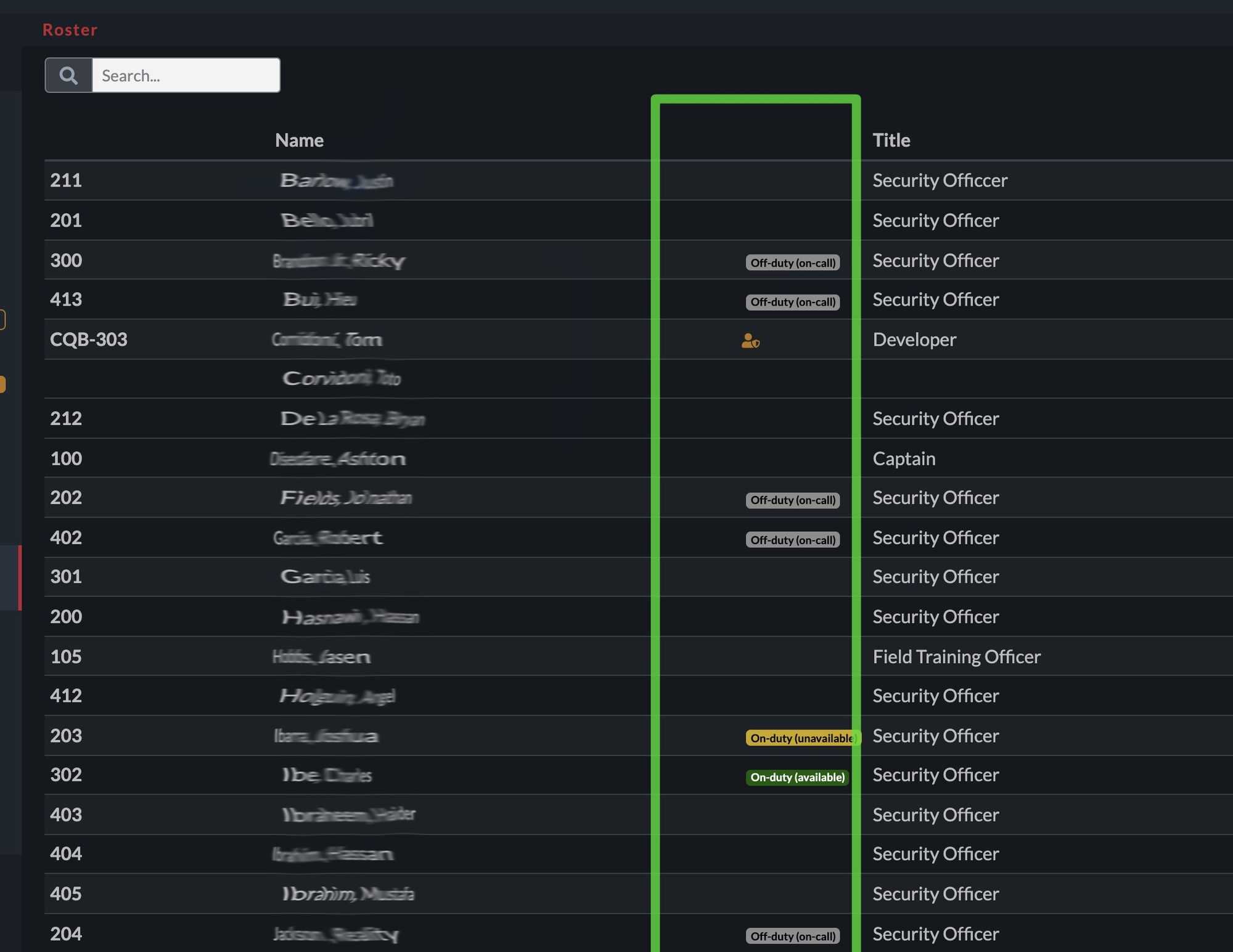 Roster screen showing the duty status of each user.