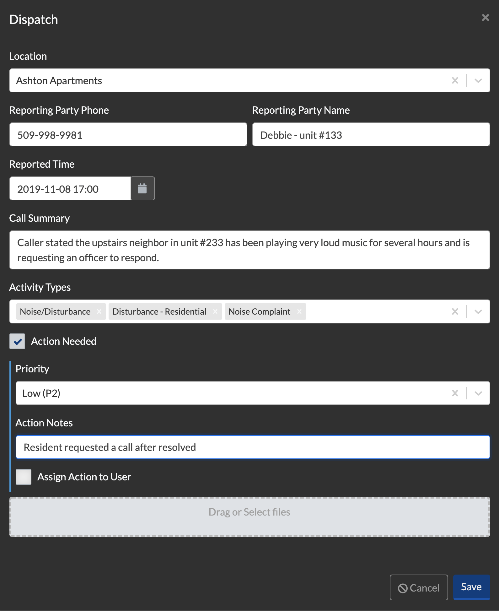 New Dispatch Form with action needed checked