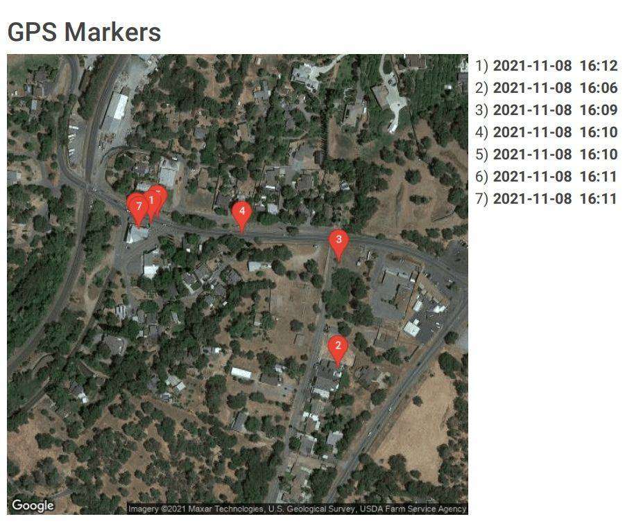 GPS Markers on map with a timestamp beside it.