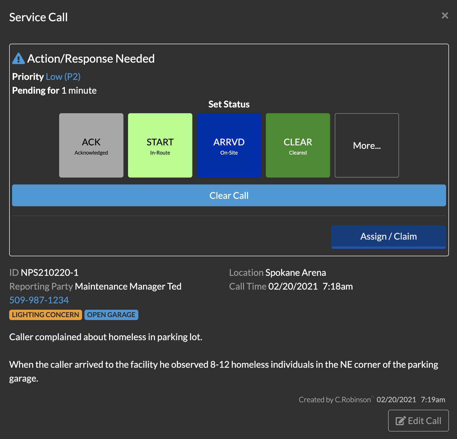 Service Call screen with status buttons.