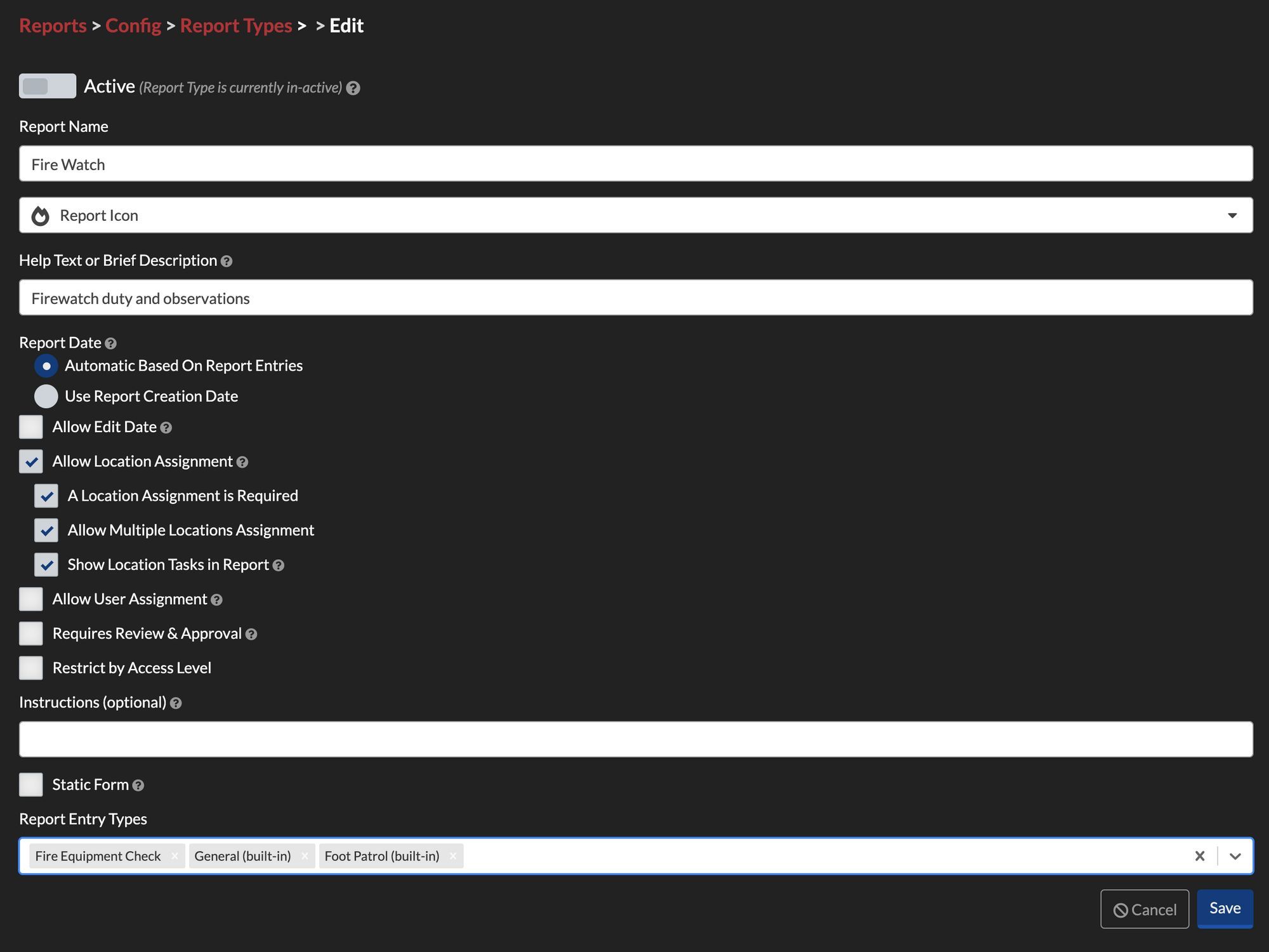 Selected Report Type configuration