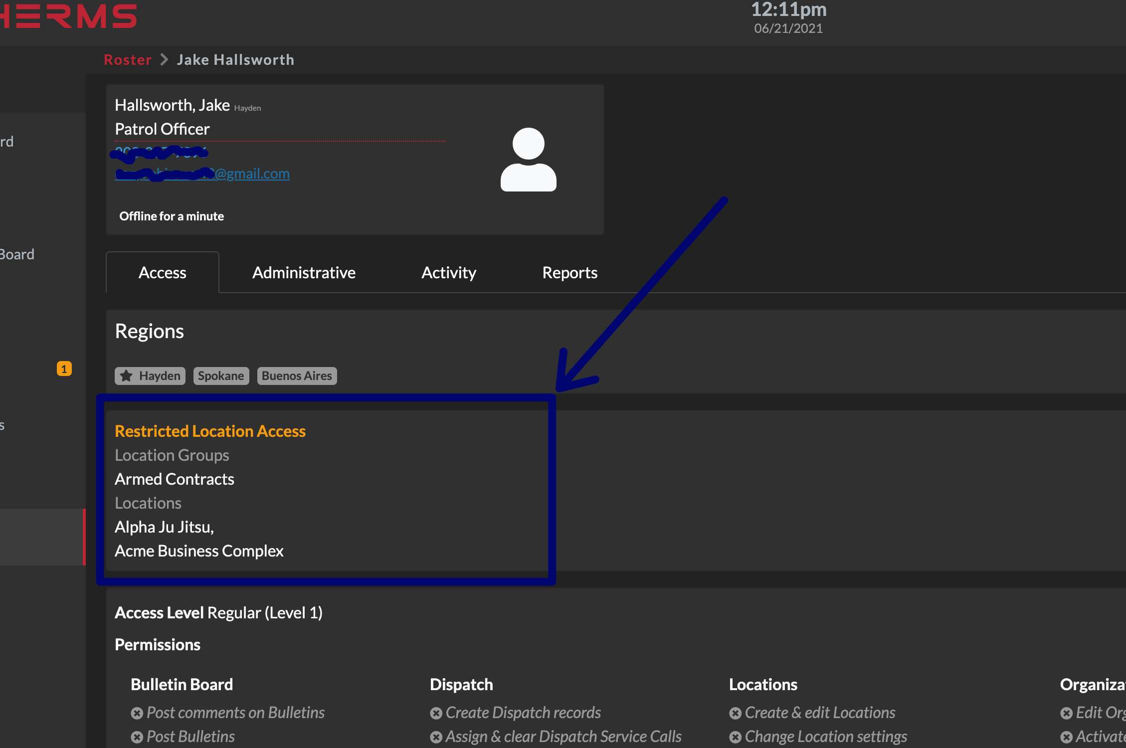 User Profile screen showing which locations the user has access to.