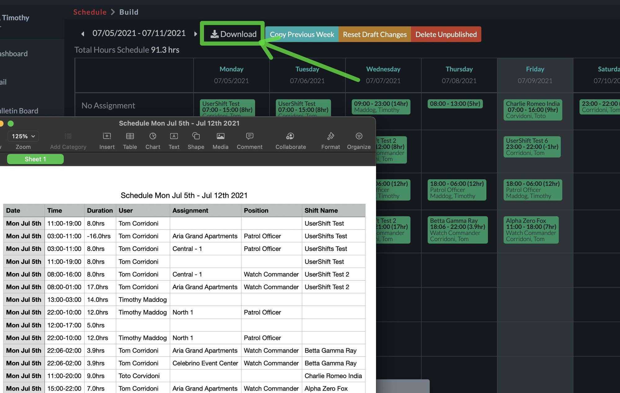 Scheduling Calendar with Downlad button hilighted and downloaded file preview.