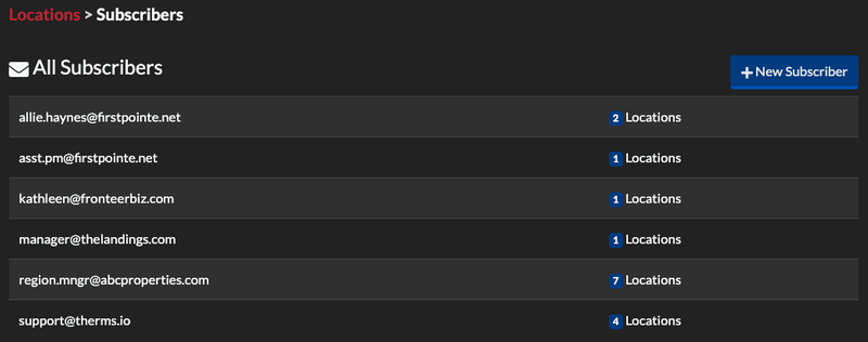 A list of email addresses and locations they are subscribed to.