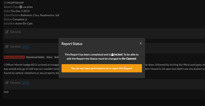 Report modal showing that you are unable to re open a report due to lacking permissions.