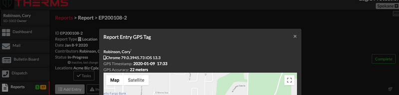THERMS Report Entry GPS Tag
